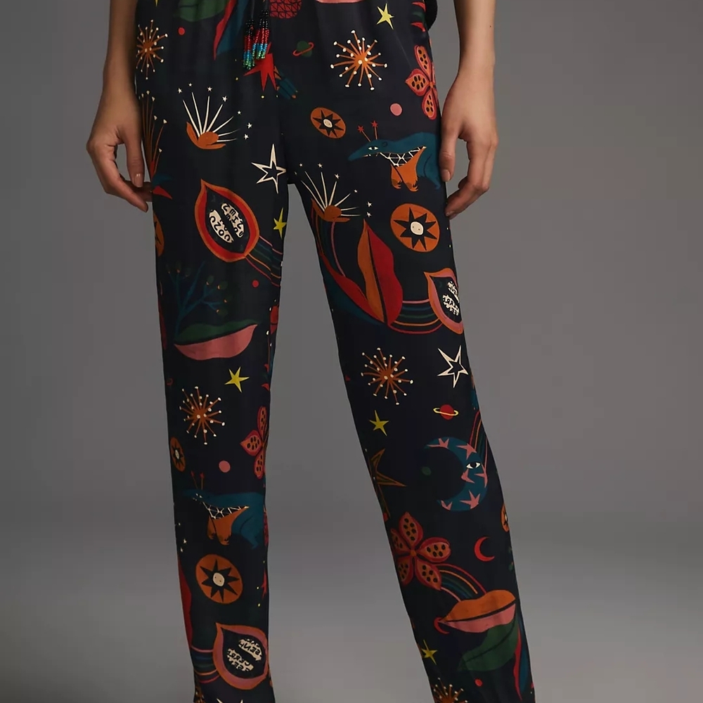 FARM Rio Navy Botanical & Celestial Straight-Leg Pants